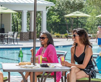 Women hanging by pool