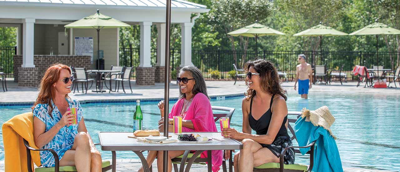 Women hanging by pool