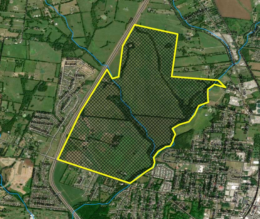 Gallatin Site aerial view and highlighted of gallatin plan