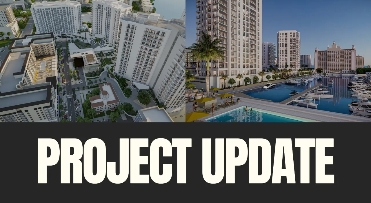 Aerial rendering of luxury high-rise condominium towers with marina and pool deck on Sarasota Bay