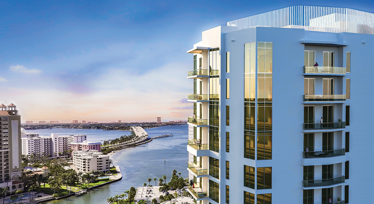 Exterior rendering of a modern waterfront condominium tower overlooking Sarasota Bay