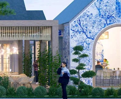 Modern restaurant exterior with blue tile facade and seating